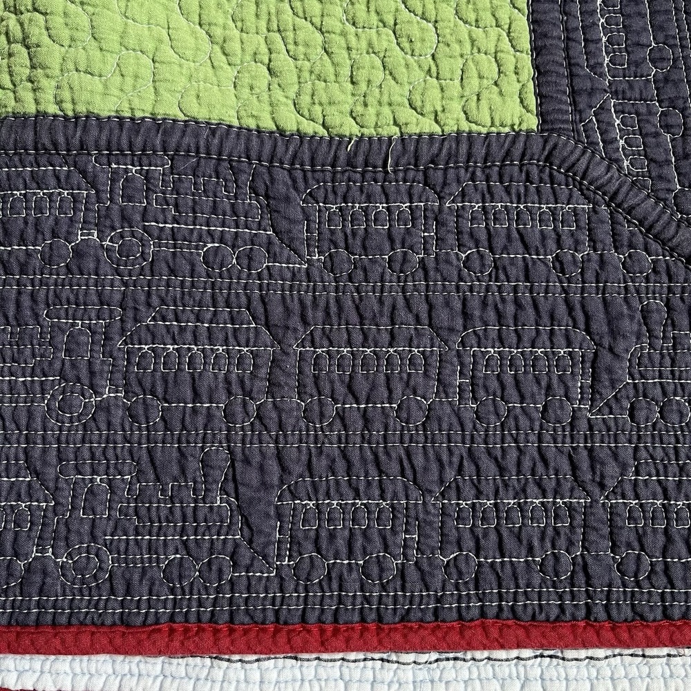 Authentic Kids Train Quilt 100% Cotton Blue Red Detailed Appliqué Bedding Twin - Picture 2 of 12